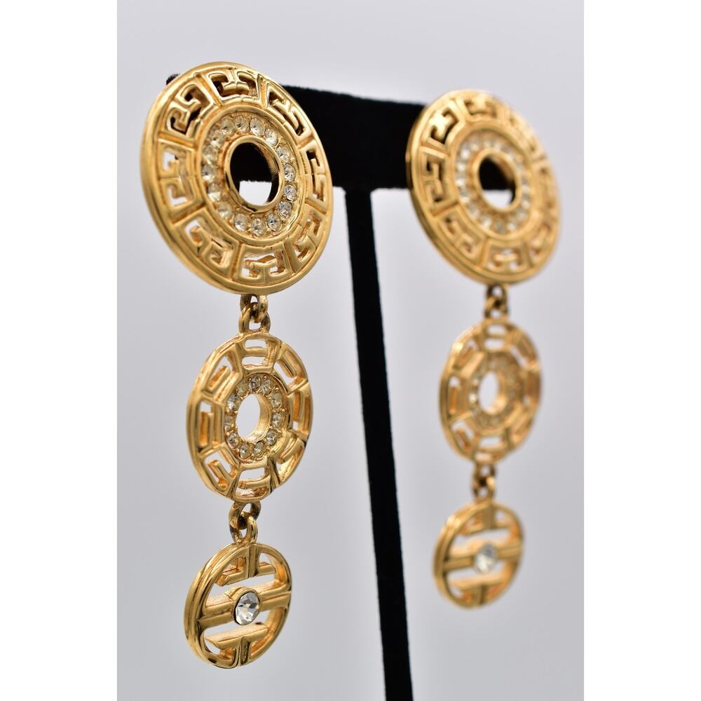 Givenchy Vintage Runway Logo Drop Clip On Earrings Gold Rhinestone Dangle Bin5 - Picture 4 of 12
